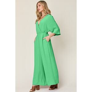 DOUBLE TAKE Green Surplice Wide Leg Jumpsuit with Pockets MISSES NEW